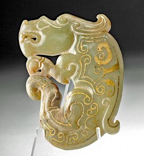 Chinese Han Dynasty Nephrite Dragon w/ Gold Details
