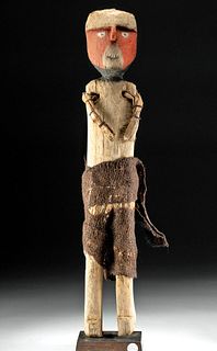 Tall Chancay Wood Standing Figure w/ Textile Dress
