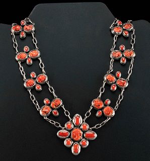 19th C. Victorian Silver & Coral Cameo Necklace