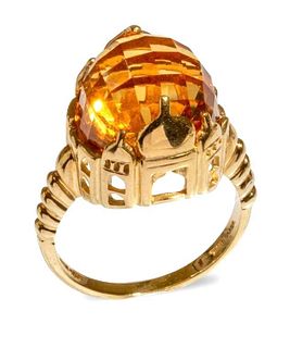 GIA gold ring with colossal citrine in architectural mounting