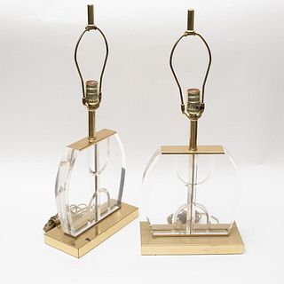 Mid Century Modern  Lucite & Brass Table Lamps, Pair