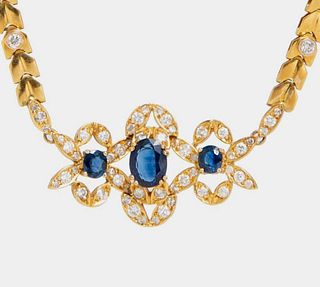 GIA Yellow Gold, Sapphire and Diamond necklace