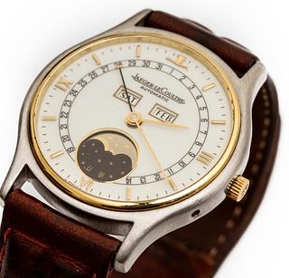 Jaguer LeCoutre 18K yellow gold and stainless steel automatic watch with day, date and moon phase