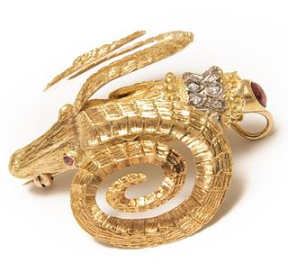 GIA Ilias Lalaounis 18K Yellow Gold, Diamond and Ruby Ram Head Brooch/pendant