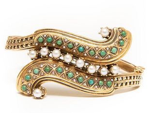 GIA Vintage 14K gold bracelet with pearls and jade