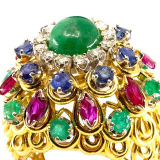 GIA 18k gold Diamond sapphire, ruby and emerald bombe statement ring