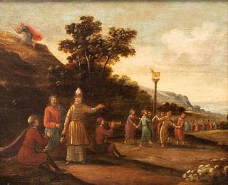 Early Biblical Painting of moses and 10 commandments Dutch School Unsigned Oil on Panel