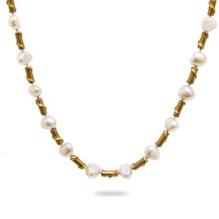 GIA 18K Yellow Gold Branch-Form Motif Tubular Beads and Freshwater Pearls Necklace.