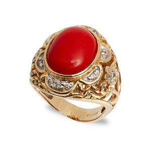 GIA 14k gold coral and diamond ring 5dwt s4.75 makers hallmarks circa 1950