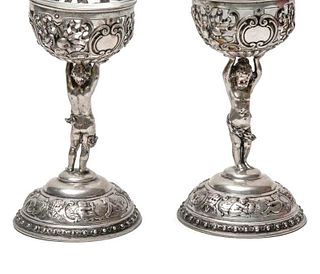 Pair antique German 800 silver rococo footed bowls