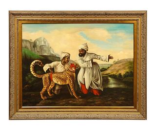 A Magnificent Orientalist Oil on Canvas Painting "Escorting The Cheetah"
C. 1920