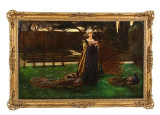 John Young HunterMagnificent Quality Oil Painting Lady with Three Peacocks In The Garden19th Century