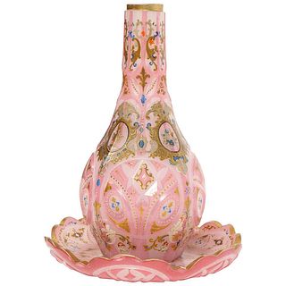 Exceptional Quality Pink Triple Overlay Enameled Bohemian Glass Hookah and Plate