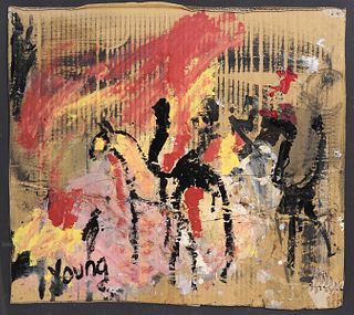 Purvis Young 'Men on Horseback' Oil on Cardboard