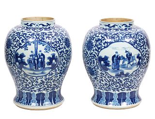 Pair Chinese Blue & White Large Porcelain Jars