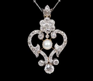 Antique Edwardian Diamond, Pearl & 14K Necklace