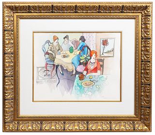 Tarkay Watercolor 'Ladies at Lunch' Gilt Frame
