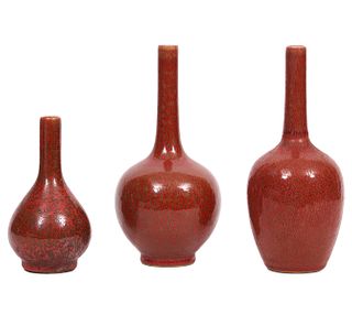 3 Chinese Peachbloom Glazed Ceramic Vases