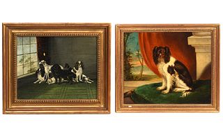 2 English School Paintings Interior Scenes W/ Dogs