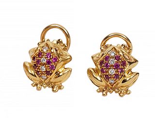Zannetti 18K Diamond & Ruby Frog Clip Earrings