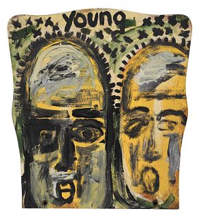 Purvis Young 'Two faces' Oil on Wood