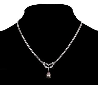 Lady's Pearl and Diamond Platinum Necklace