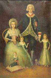 19th C. Oil on Canvas. Primitive Family Portrait.
