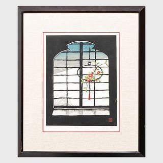 20th Century School: Red Flowers in a Window