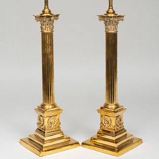 Pair of Brass Columnar Form Table Lamps