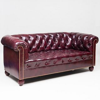 Brass Studded Tufted Maroon Leather Sofa, of Recent Manufacture