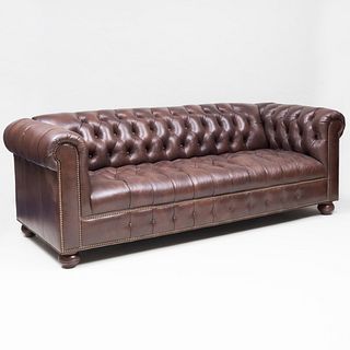 Brass Studded Brown Tufted Leather Sofa, of Recent Manufacture