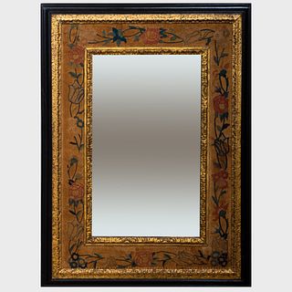 Baroque Style Ebonized and Parcel-Gilt Mirror Inset with Embroidery Panels