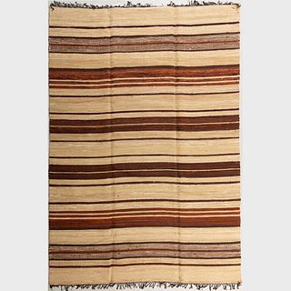 Large Brown and Beige Striped Flat Weave Carpet