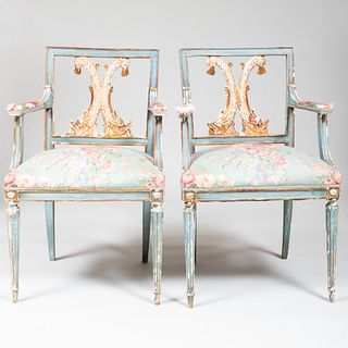 Pair of Italian Neoclassical Style Blue Painted and Parcel-Gilt Armchairs