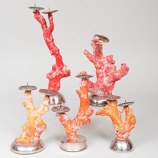 Group of Four American Silver-Mounted Red Coral Pricket Sticks