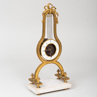 French Bronze and Marble Harp Form Mantle Clock