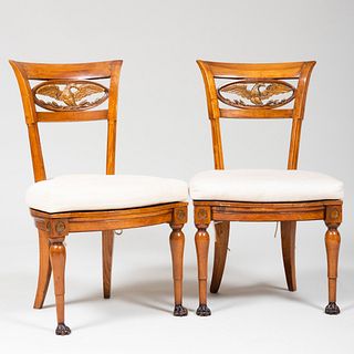 Pair of Biedermeier Fruitwood and Parcel-Gilt Side Chairs