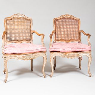 Pair of Louis XV Style Painted and Caned Fauteuils à la Reine