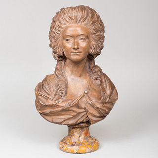 Continental Terracotta Bust of a Woman on a Marble Base