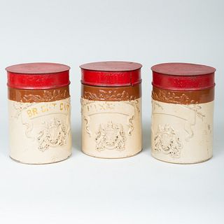 Set of Three English Glazed Pottery Canisters with Three Red TÃ´le Covers