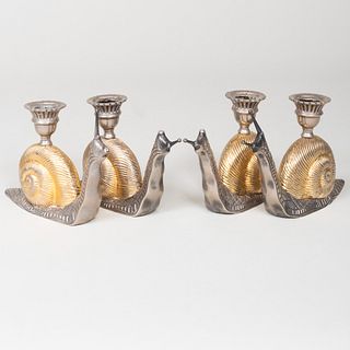 Set of Four Silvered Metal Snail Form Candlesticks