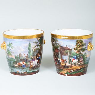 Pair of Paris Porcelain Cache Pot Decorated with Livestock in Landscapes