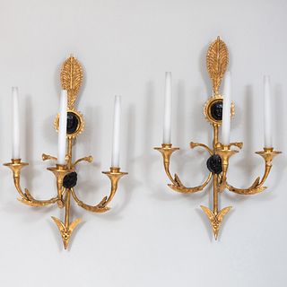 Pair of Empire Style Giltwood Three-Light Sconces