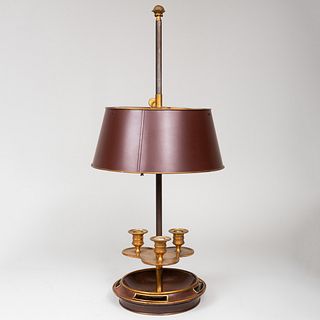 French Brass and Mahogany Bouillotte Lamp and Shade