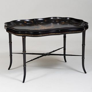Victorian Black Lacquer and Parcel-Gilt Papier MachÃ© Tray on Later Stand