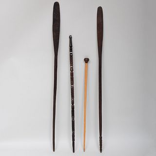 Ethnographic Walking Stick and Two Wood Paddles