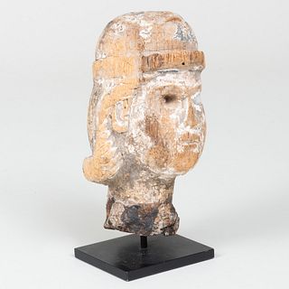Folk Art Carved Wood Head Fragment