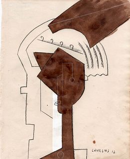 Henri Laurens, French.  Cubiste Head, Gouache and Graphite on paper signed LR , '16