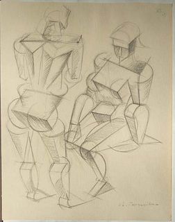 Russian Cubist Figures, Liubov Sergeevna Popova, Graphite on paper, signed, Ca 1914