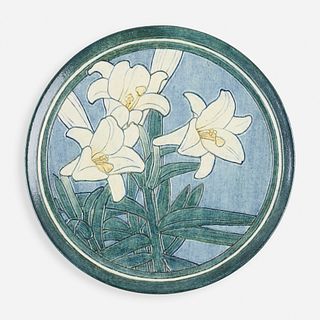 Henrietta Bailey for Newcomb College Pottery, Early wall-hanging charger with lilies